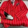 Mens Double Breasted Blazer Suit Jacket - Bold Pinstripe Sport Coat In Red And White Pinstripe