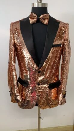 Mens Rose Gold Sequin Tuxedo Jacket With Black Satin Shawl Lapel And Matching Bow Tie 7 Mens Rose Gold Sequin Tuxedo Jacket With Black Satin Shawl Lapel And Matching Bow Tie -Alberto Nardoni Shop Rose Gold Sequin Tuxedo Jacket