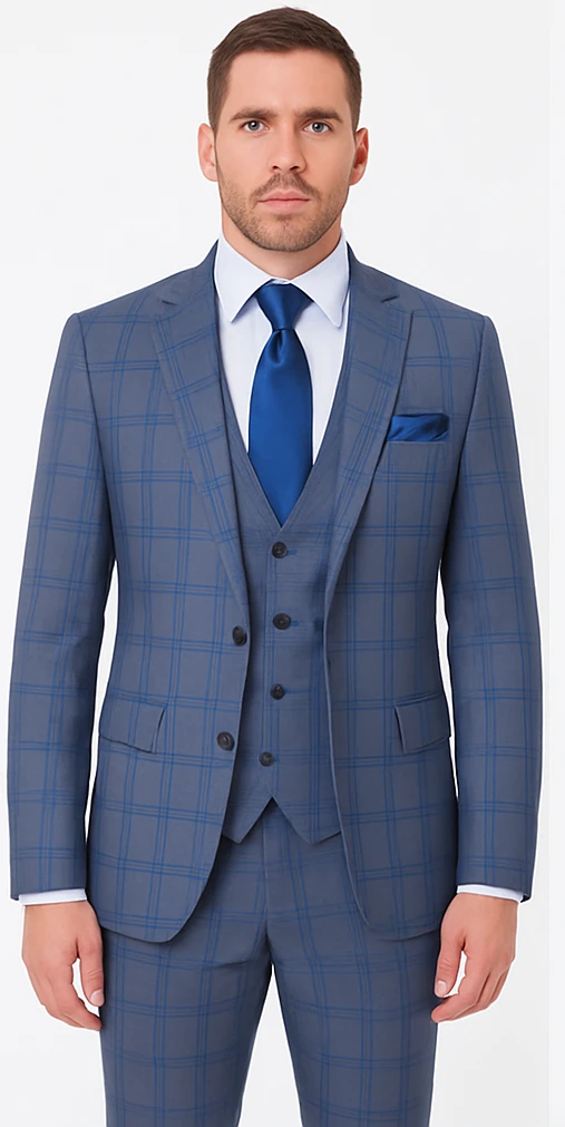 Rossi Man MAX RM1823 Slim Fit 3-Piece Blue Plaid Suit – Tailored For Weddings & Business 5 Rossi Man MAX RM1823 Slim Fit 3-Piece Blue Plaid Suit – Tailored For Weddings & Business - Image 5