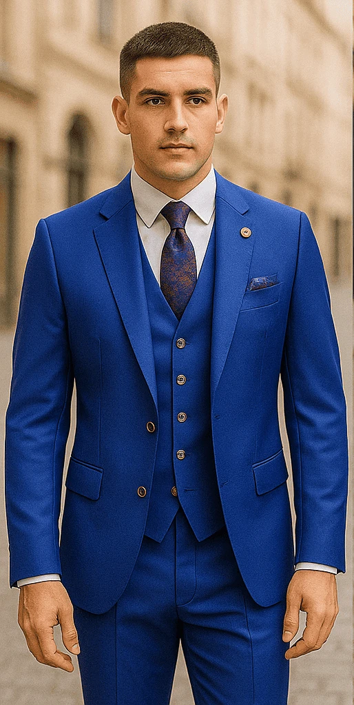 Rossiman Royal Blue Suit For Men – Classic 1-Button Peak Lapel Jacket & Double-Breasted Vest