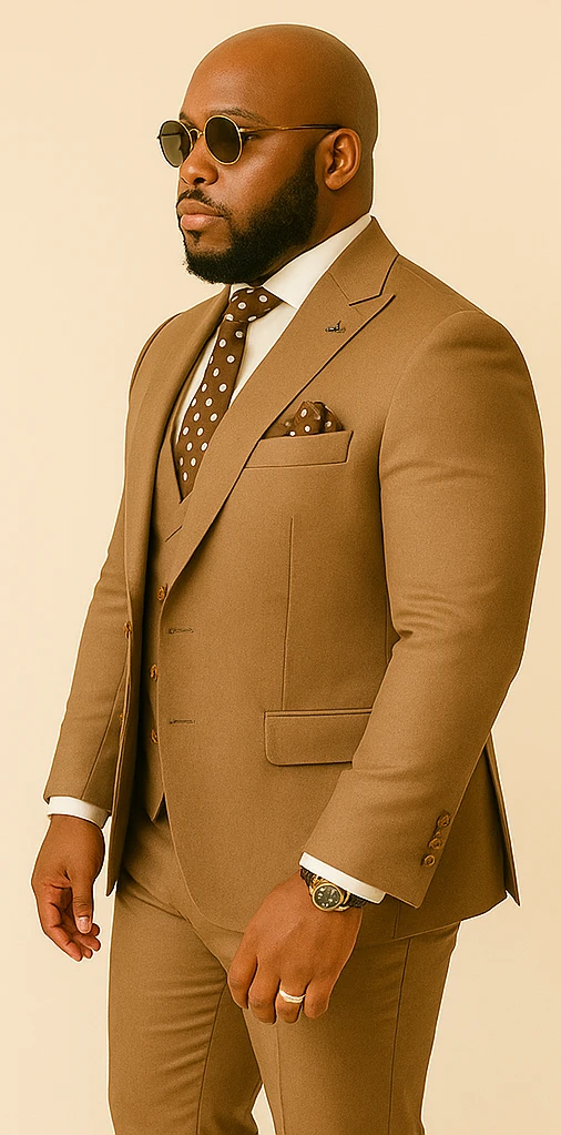 Rossiman Men’s Tan Suit – Gold Buttons & Double-Breasted Vest Elegance - Image 3