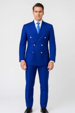 Mens Royal Blue Double-Breasted Suit With Gold Buttons – Slim Fit Formal 2-Piece Set