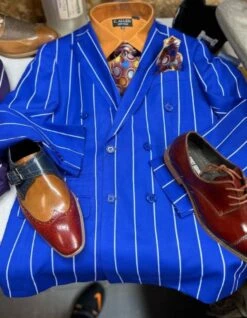 Mens Double Breasted Blazer Suit Jacket - Bold Pinstripe Sport Coat In Royal And White Pinstripe