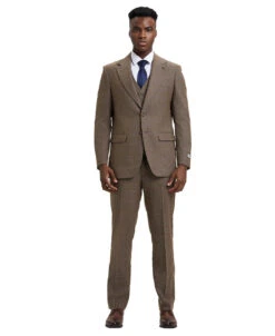 Stacy Adams - 3 Piece Suit Glen Plaid Hybrid Fit Notch Lapel In Brown With Adjustable Waistband