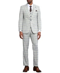 Stacy Adams - 3 Piece Windowpane Suit Hybrid Fit In Light Grey