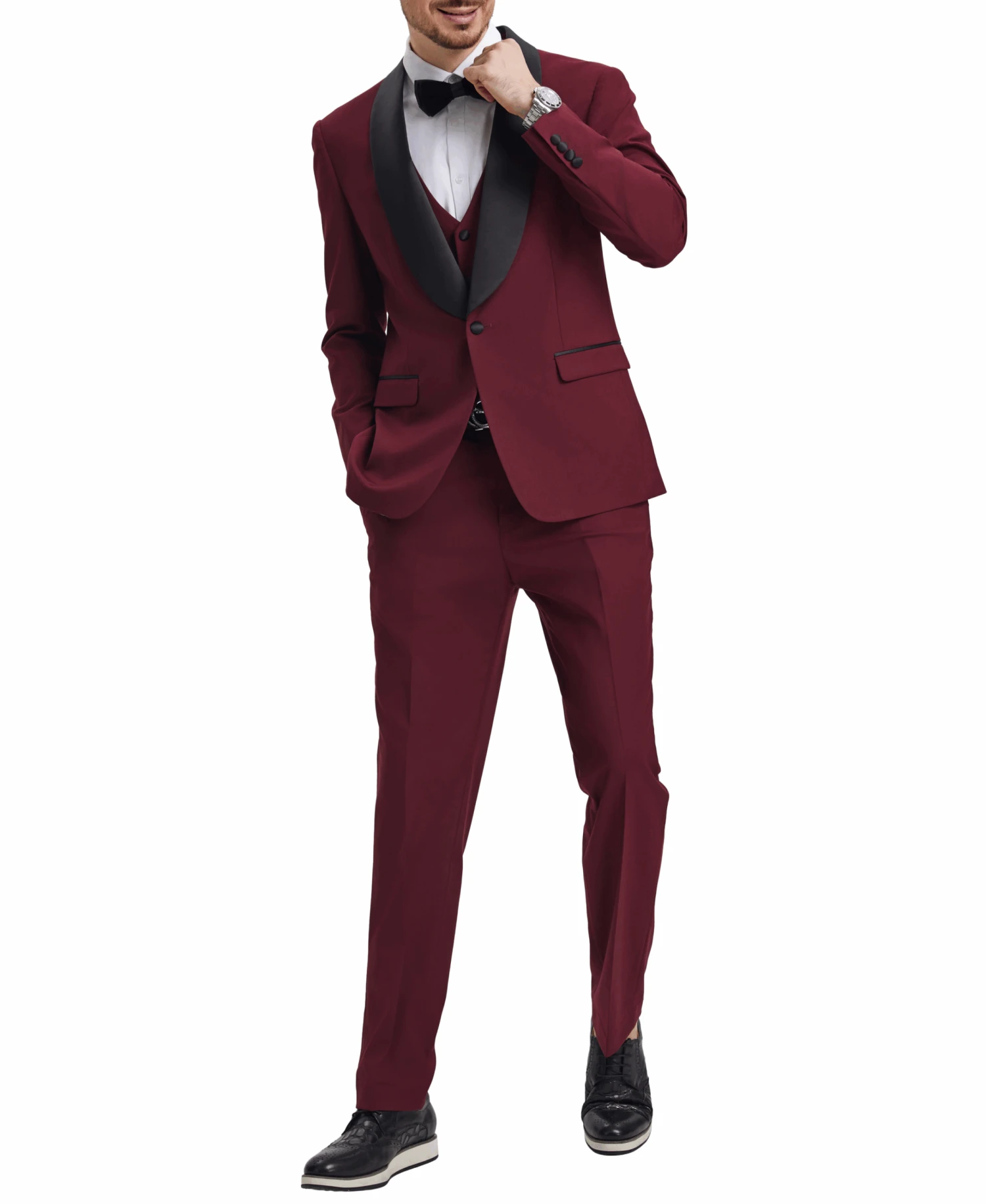 Stacy Adams - Burgundy 3 Piece Hybrid Fit Tuxedo Satin Shawl Lapel 1 Stacy Adams - Burgundy 3 Piece Hybrid Fit Tuxedo Satin Shawl Lapel