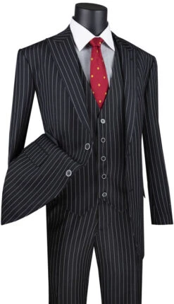 Odyssey Collection - Black Regular Fit 3 Piece Suit 2 Button Gangster Stripe