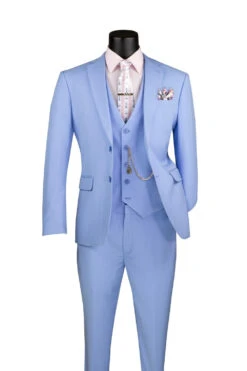 Slim Fit Business Men's Suit 3 Piece 2 Button In Light Blue