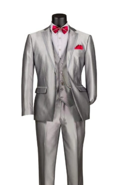 Slim Fit 3 Piece Satin Suit In Silver