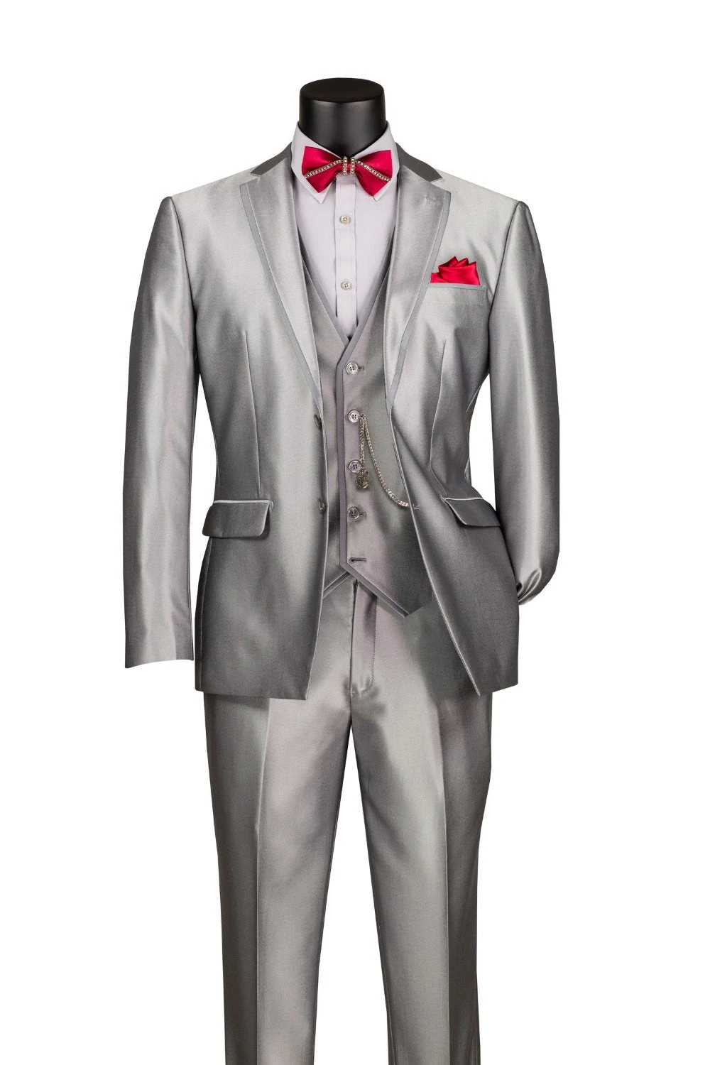 Slim Fit 3 Piece Satin Suit In Silver 1 Slim Fit 3 Piece Satin Suit In Silver