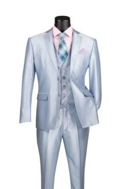 Slim Fit 3 Piece Satin Suit In Ice Blue