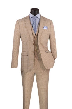 Slim Fit Suit Windowpane 3 Piece With Vest In Beige