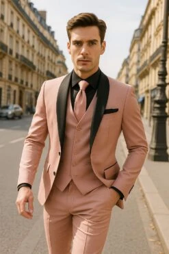 Men's Light Pink 3-Piece Tuxedo Suit With Black Satin Shawl Lapel – Formal Wear - Ultra Slim Fitted In Blush Color -Alberto Nardoni Shop SatinShawlLapel