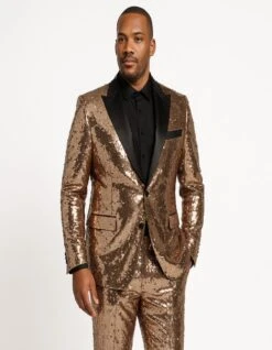 Men's Rose Gold Sequin Tuxedo Suit With Black Satin Lapel – Luxury Slim Fit Blazer For Parties And Events -Alberto Nardoni Shop SequinTuxedoSuitwithBlackSatinLapel