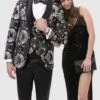 Mens Modern Vested Shawl Lapel White Gold Black Paisley Prom Tuxedo