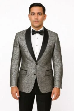 Silver And Black Tuxedo Blazer With Matching Bow Tie - Paisley Sport Coat For Prom Or Wedding
