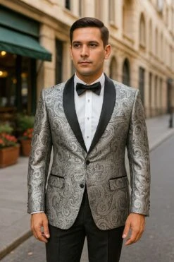 Silver And Black Tuxedo Blazer With Matching Bow Tie - Paisley Sport Coat For Prom Or Wedding -Alberto Nardoni Shop Silver and Black Tuxedos Blazer