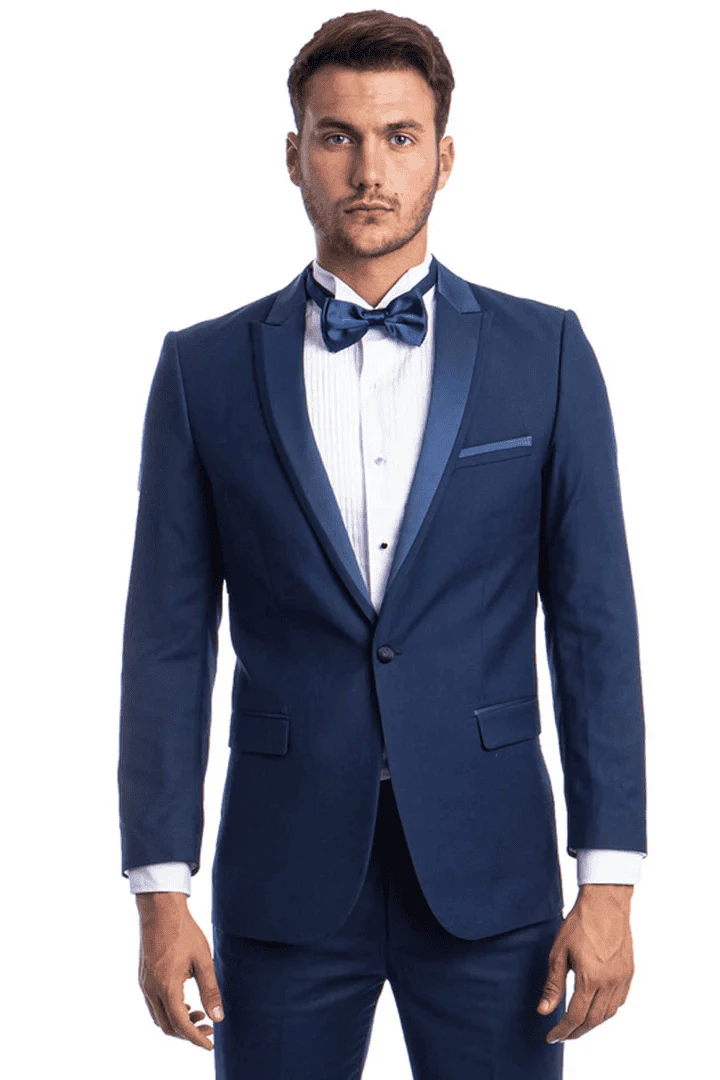 Men's Slim Fit One Button Satin Trim Peak Lapel Prom & Wedding Tuxedo In Cobalt Blue 1 Men's Slim Fit One Button Satin Trim Peak Lapel Prom & Wedding Tuxedo In Cobalt Blue