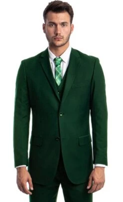 Men's Vested Two Button Notch Lapel Solid Color Wedding And Business Suit In Hunter Green