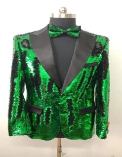 Men's Green Sequin Tuxedo Jacket With Black Satin Lapel And Bow Tie – Sparkling Party And Stage Blazer By Alberto Nardoni -Alberto Nardoni Shop SparklingPartyandStageBlazer