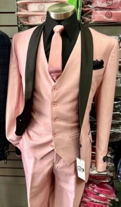 Men's Light Pink 3-Piece Tuxedo Suit With Black Satin Shawl Lapel – Formal Wear - Ultra Slim Fitted In Blush Color -Alberto Nardoni Shop SuitwithBlackSatinShawlLapel