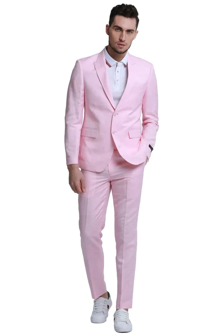Men's Two Button Peak Lapel Summer Linen Style Beach Pink Wedding Suit 1 Men's Two Button Peak Lapel Summer Linen Style Beach Pink Wedding Suit