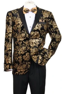 "Velvet Floral Paisley Men's Tuxedo Jacket - Modern Fit In Gold & Black"
