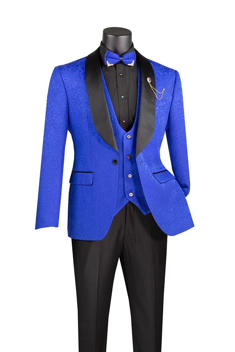 Slim Fit Tuxedo 3 Piece With Jacquard Pattern In Royal 1 Slim Fit Tuxedo 3 Piece With Jacquard Pattern In Royal