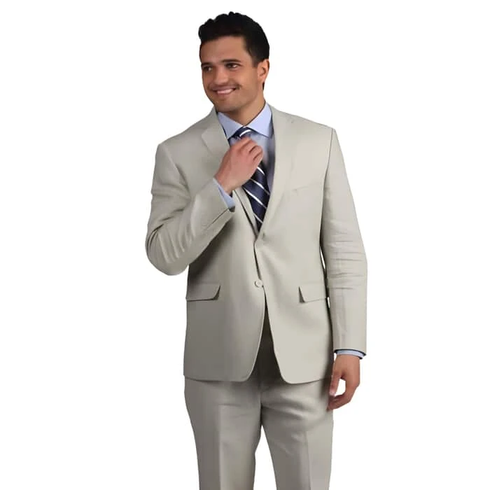 Tan Linen Suit - Two Buttons Tan Wedding / Prom Notch Collared Classic Linen For Beach Wedding Outfit Side Vent Suit 1 Tan Linen Suit - Two Buttons Tan Wedding / Prom Notch Collared Classic Linen For Beach Wedding Outfit Side Vent Suit