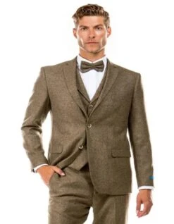 Mens Two Button Vested Vintage Style Tweed Tan Wedding Suit