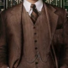 Mens Vested Great Gatsby Tweed Herringbone Tobey Maguire Suit Light Brown