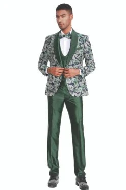Mens One Button Vested Paisley Shawl Lapel Prom Tuxedo In Hunter Green -Alberto Nardoni Shop Traditional Length Pants