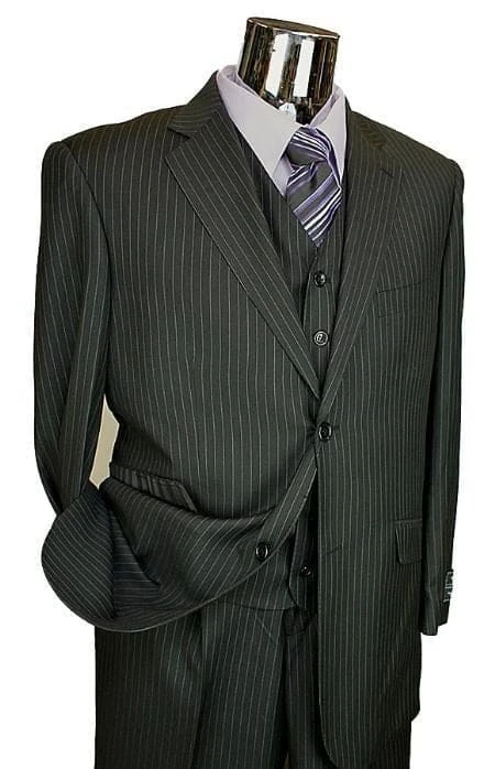 Men's Black Stripe ~ Pinstripe Vested 3 Piece 2 Button Flat Front Pants Three Piece Suit 1 Men's Black Stripe ~ Pinstripe Vested 3 Piece 2 Button Flat Front Pants Three Piece Suit