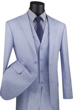 Mens Vested 2 Button Wide Peak Lapel Textured Summer Suit In Blue