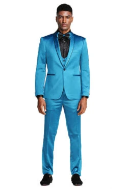 Turquoise Men's Slim Fit Vested Satin Tuxedo Suit For Prom 2025 & Wedding 3 Turquoise Men's Slim Fit Vested Satin Tuxedo Suit For Prom 2025 & Wedding -Alberto Nardoni Shop UhsyeBf
