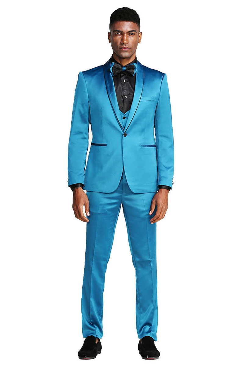 Turquoise Men's Slim Fit Vested Satin Tuxedo Suit For Prom 2025 & Wedding 2 Turquoise Men's Slim Fit Vested Satin Tuxedo Suit For Prom 2025 & Wedding - Image 2