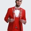 Mens Vested Red Prom Tuxedo With Floral Paisley Peak Lapel And Vest Trim