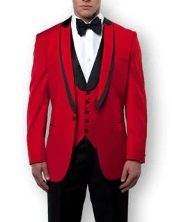 Mens Vested Red Prom Tuxedo With Black Trim