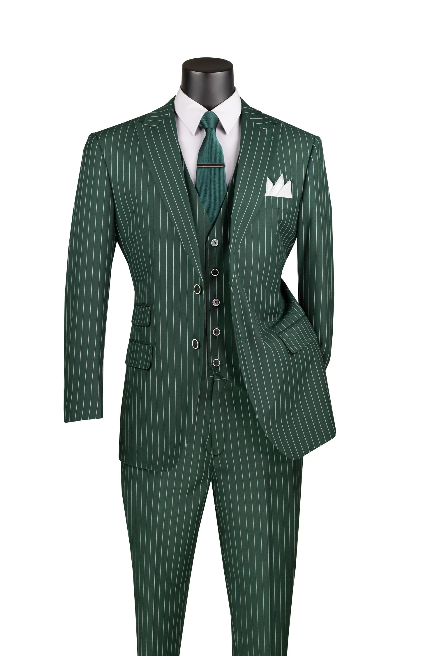 Odyssey Collection - Hunter Green Regular Fit 3 Piece Suit 2 Button Gangster Stripe 1 Odyssey Collection - Hunter Green Regular Fit 3 Piece Suit 2 Button Gangster Stripe