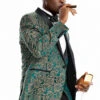 "Green & Gold Paisley Men's One Button Vested Shawl Tuxedo For Prom 2025 & Wedding"