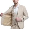 "Sharkskin Wedding Suit: Men's Slim Fit Double Breasted Vest In Khaki"