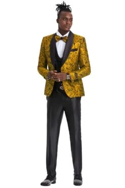 Mens One Button Slim Fit Paisley Skinny Fit Pant Vested Prom Tuxedo In Gold And Black -Alberto Nardoni Shop Vested Prom Tuxedo Gold and Black