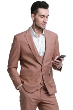 "Peach Men's Slim Fit Wedding Suit With Peak Lapel Vest"