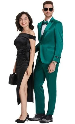 Men's One Button Vested Peak Lapel Shiny Satin Sharkskin Prom And Wedding Party Suit In Emerald Green
