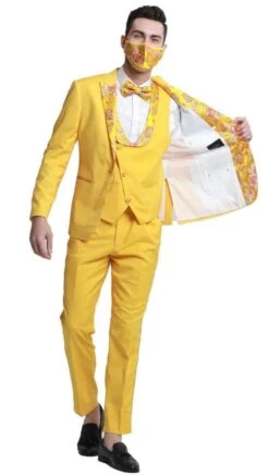 Mens One Button Vested Prom And Wedding Tuxedo Floral Peak Lapel Yellow Gold -Alberto Nardoni Shop Wedding Tuxedo Floral Yellow
