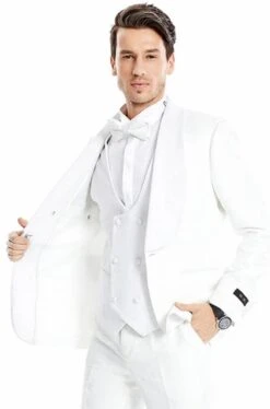 Mens One Button Vested Wide Shawl Lapel Paisley Prom And Wedding Tuxedo In White