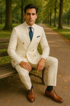 Mens White Double-Breasted Suit With Gold Buttons – Formal Slim Fit 2-Piece Set -Alberto Nardoni Shop White Double Breasted Suit Gold Buttons