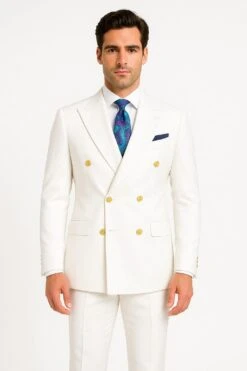 Mens White Double-Breasted Suit With Gold Buttons – Formal Slim Fit 2-Piece Set