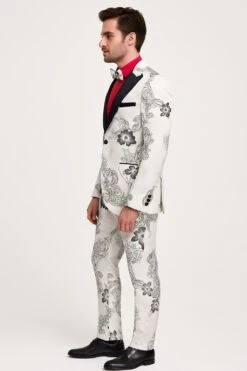 Mens White Floral Tuxedo With Black Lapel – 3-Piece Designer Prom Suit Wedding Suit -Alberto Nardoni Shop White Floral Tuxedo with Black Lapels