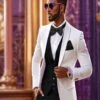 White And Black Tuxedo Wedding Suit - White Dinner Jacket + Vest + Pants + Bow-tie -Alberto Nardoni Shop White and Black Tuxedo Wedding Suit